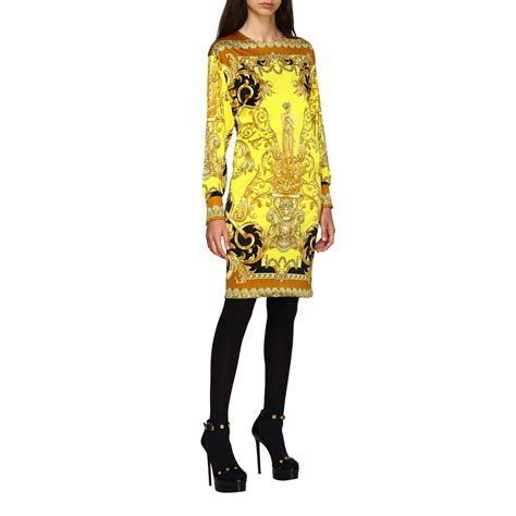 bright yellow versace dress with blue|Versace boatneck dress.